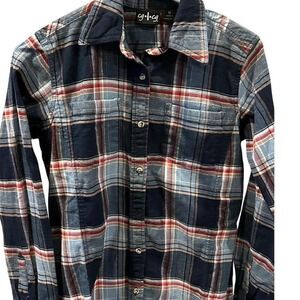 CG|CG Plaid Flannel Shirt Navy Red White Button Front Cozy Women's Size Small